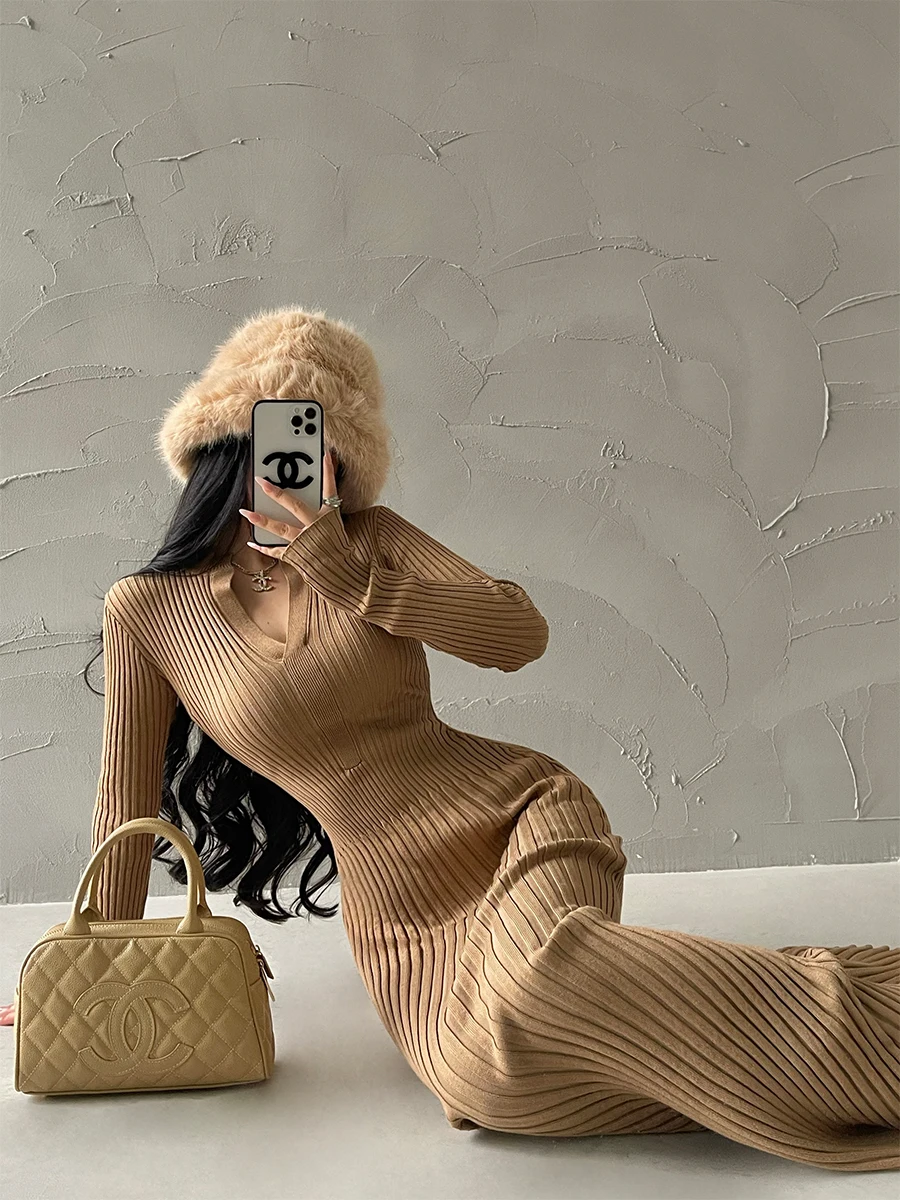 

Pure Desire Sexy V-ne Slim Fit Long Sve Knitted Wrap Body Long Dr Autumn Season Women's Faion Single Piece Dr