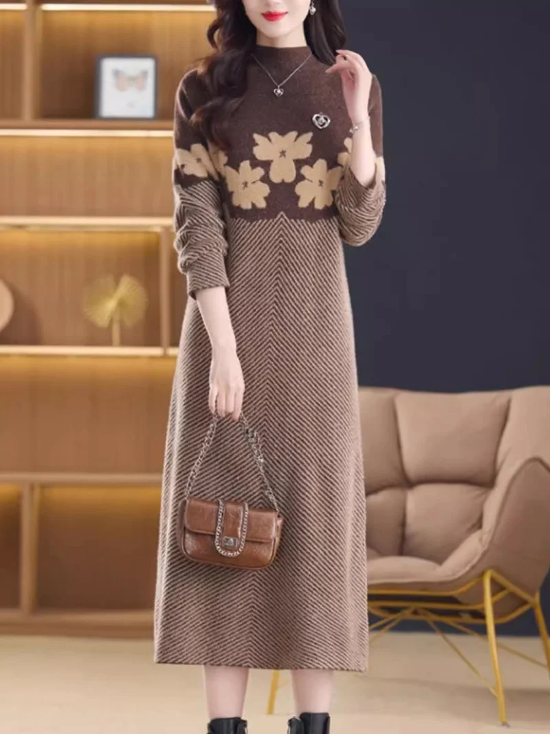 

Женское вязаное платье осень-зима 2026, утепленное, приталенное, с высоким воротником, имитация меха норки, жаккардовое, длинное платье W2239