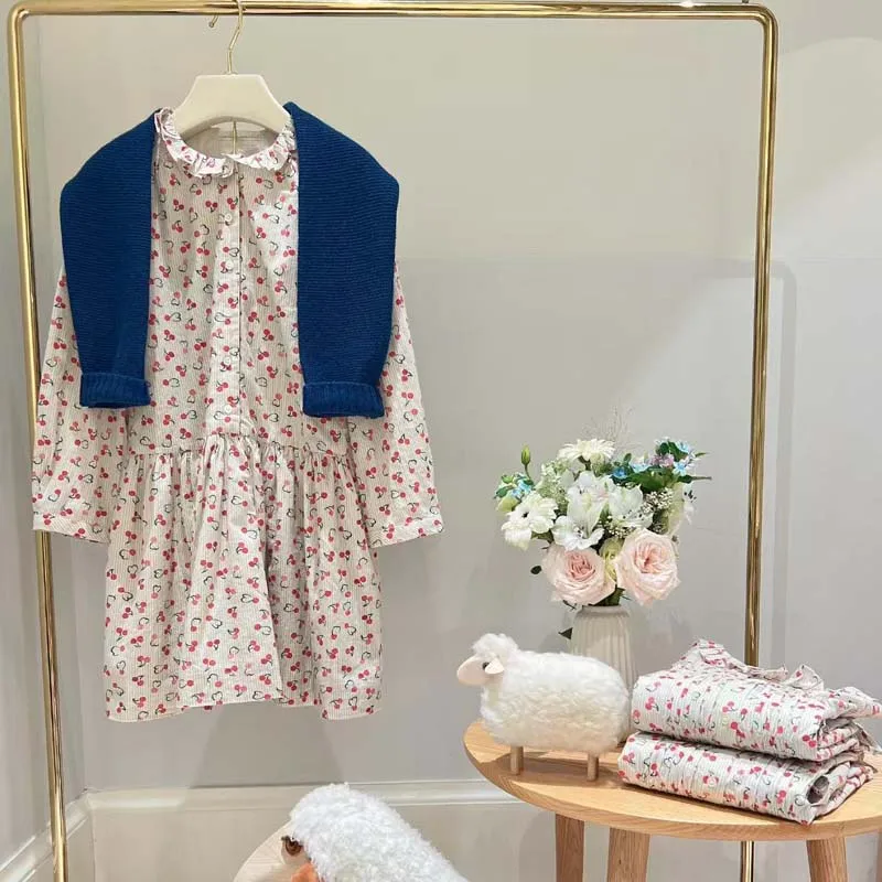 In Stock  2024 BP Winter Girl Clothes Cotton Cherry Full Print Dress Baby Girl Clothes Dresses for Kid Girls Flower Girls Dress