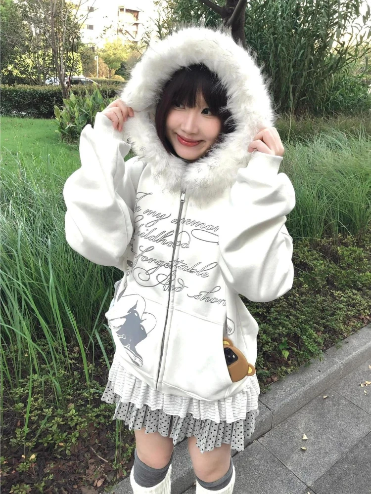 Y2K Japanese Kawai Faxu Fur Ho - đánh giá và giá Embroidery Zip Up Hoodie