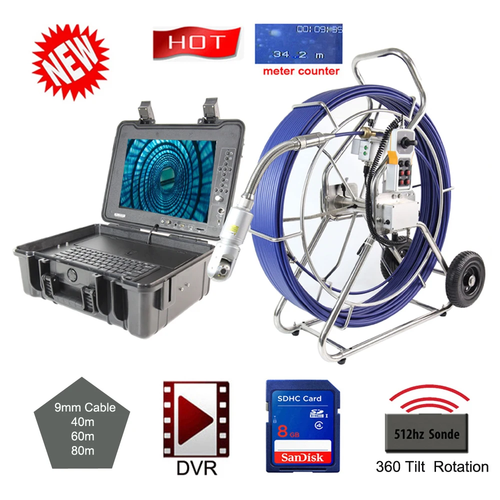 

15"LCD 9mm Cable 120m 10xzoom 360 degree view Sewer Pipe Inspection Camera with Pan Tilt Ratation Camera head DVR Meter Counter