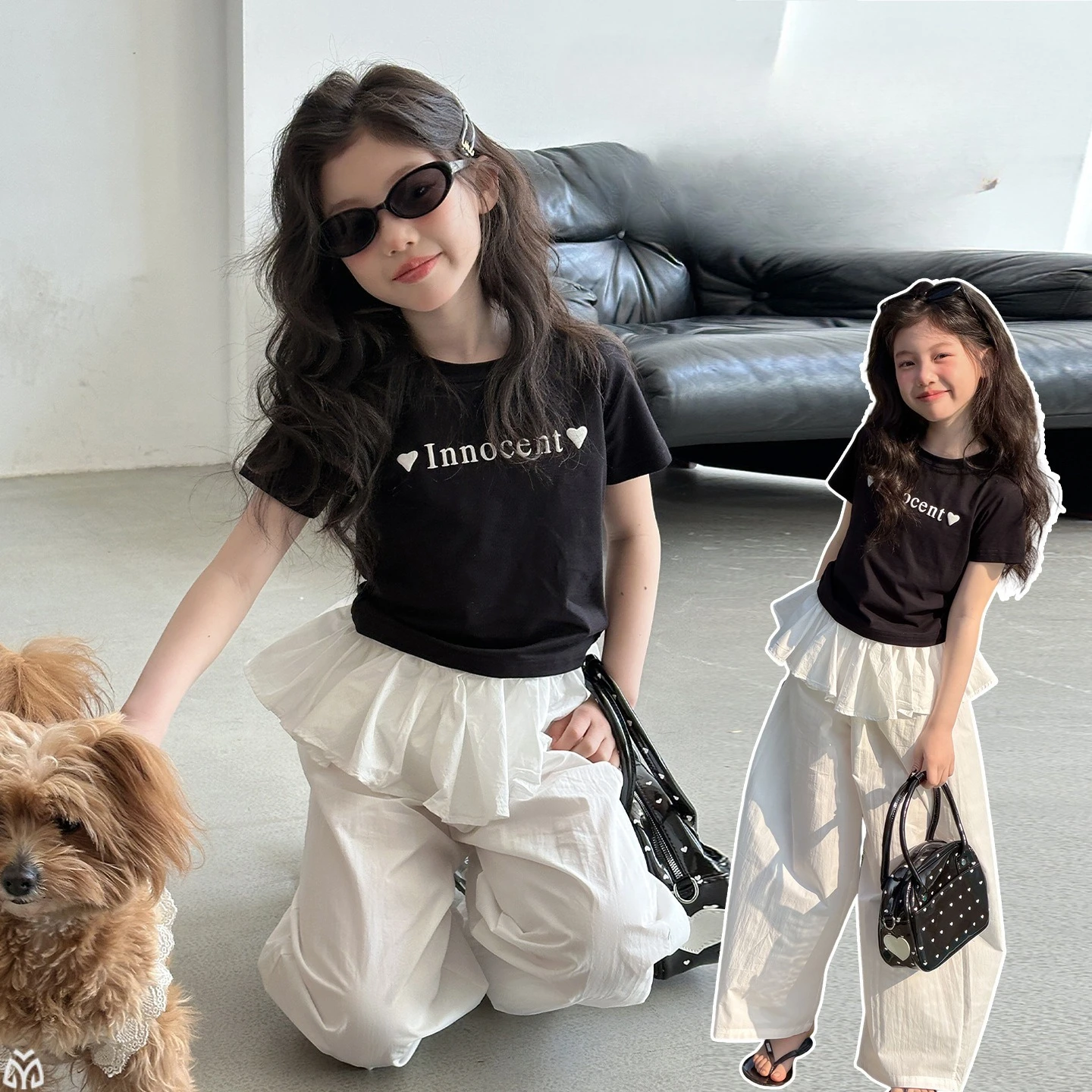 

Летняя хлопковая черная футболка с надписью Love Letter для девочек-подростков, белые брюки с рюшами, широкие брюки, детский комплект: топ и брюки для девочек.