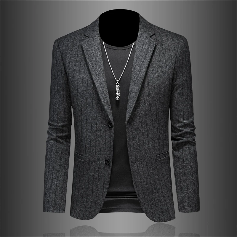 

Men's Slim Fit Striped Business Casual Fashionable Top Coat Polyester Fiber Standard Style Long Sleeve round Hem Two Buttons