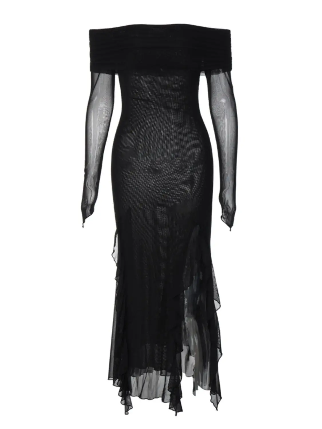 MAGOGO موضة أنيقة الكشكشة الداكنة سبليت فستان طويل القوطية مائل الرقبة كم طويل فساتين ماكسي للنساء 2025 عطلة الشاطئ