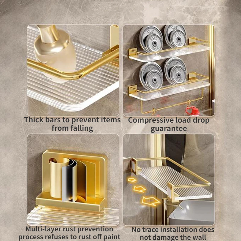 Bathroom Floating Shelves Gold, Wall Mounted Storage with Towel Bar for Kitchen, Bedroom Acrylic Wall Shelf Set with Towel Rack