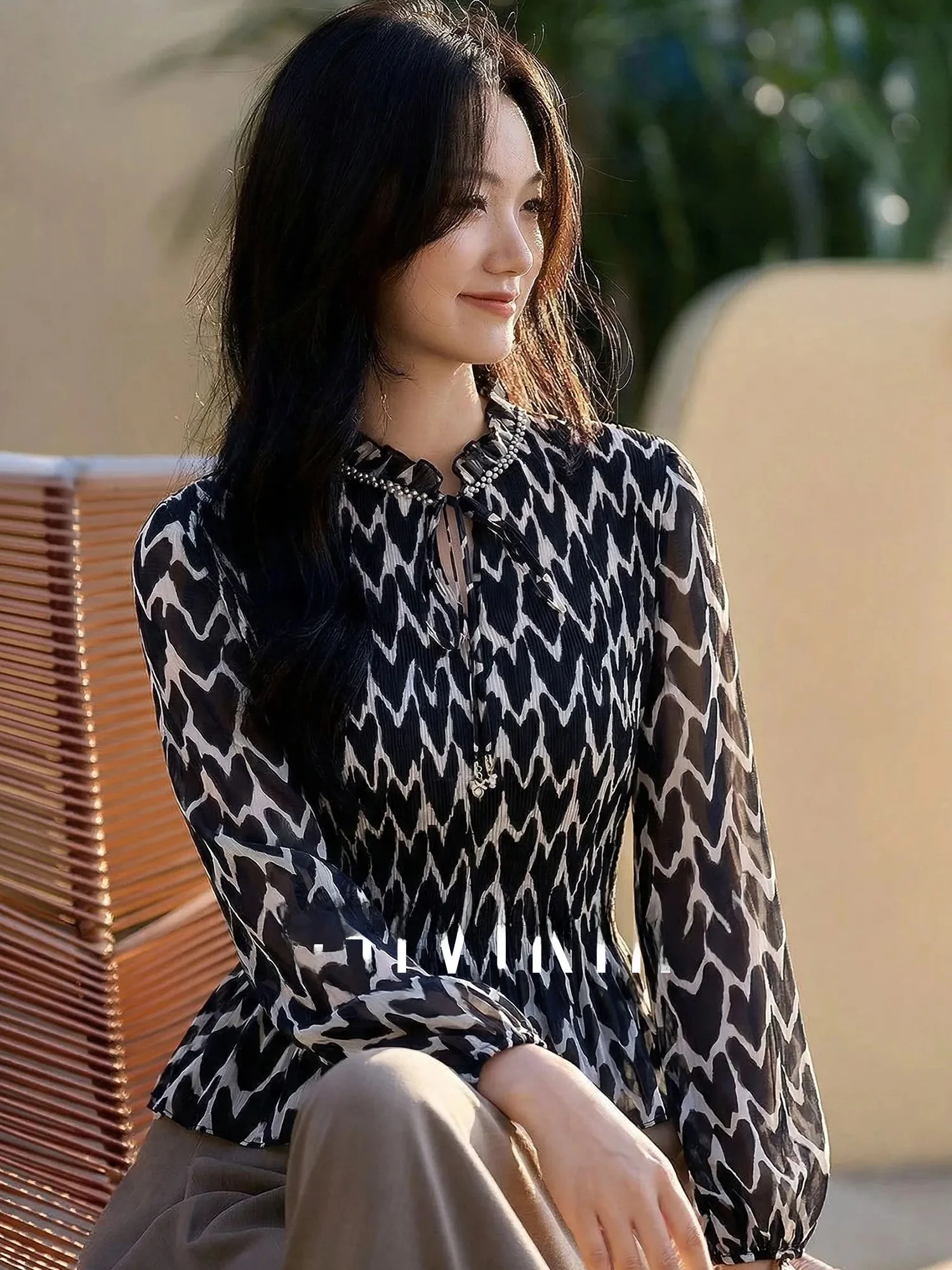 

Elegant Printed Loose Fit Long Sleeve Women's Shirt Thin Summer Slimming Top Chivirin Casual Chic Style Regular Length