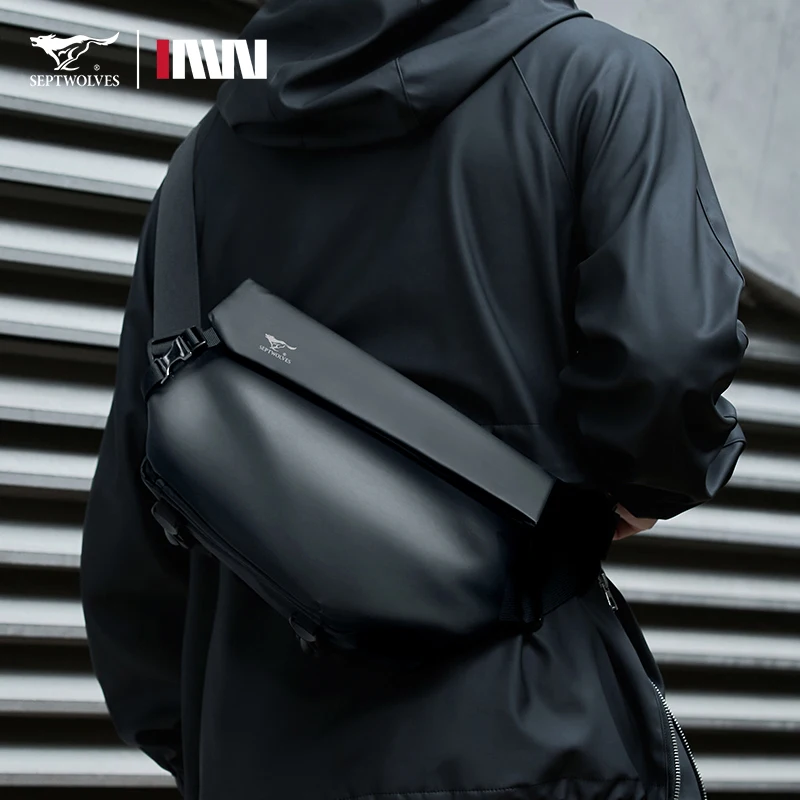 

Septwolves Urban Fashion Magnetic Buckle Shoulder Bag Men Black Waterproof Irregular Shape Sport Travel Crossbody Messenger Bag