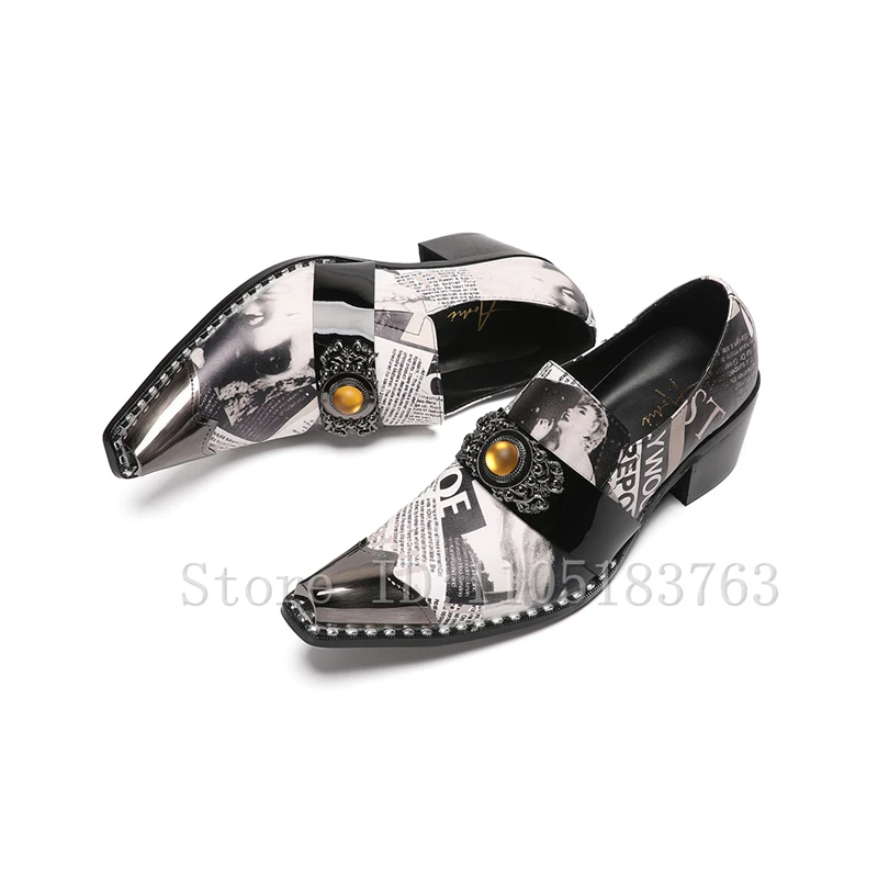 Men Genuine Leather Prints Dress Shoes Gem Decor Strap Luxury Metal Toe Cap Slip On Loafers Gothic Street Party Fashion Shoes