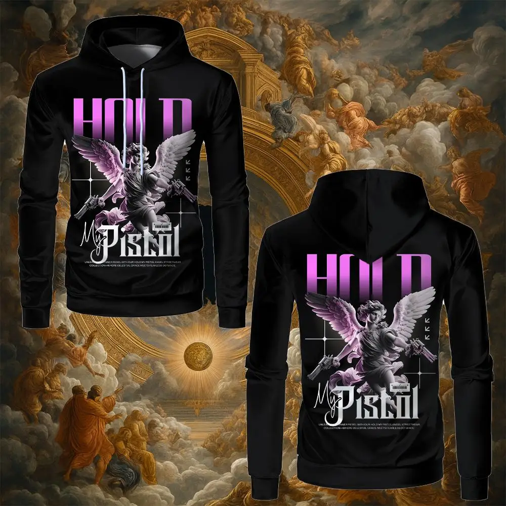 

2025 Autumn/Winter Warm Hoodies Fashion Design Pullover Tops Streetwear American Trend Angel Statue Graphic Y2K Men's Sweatshirt