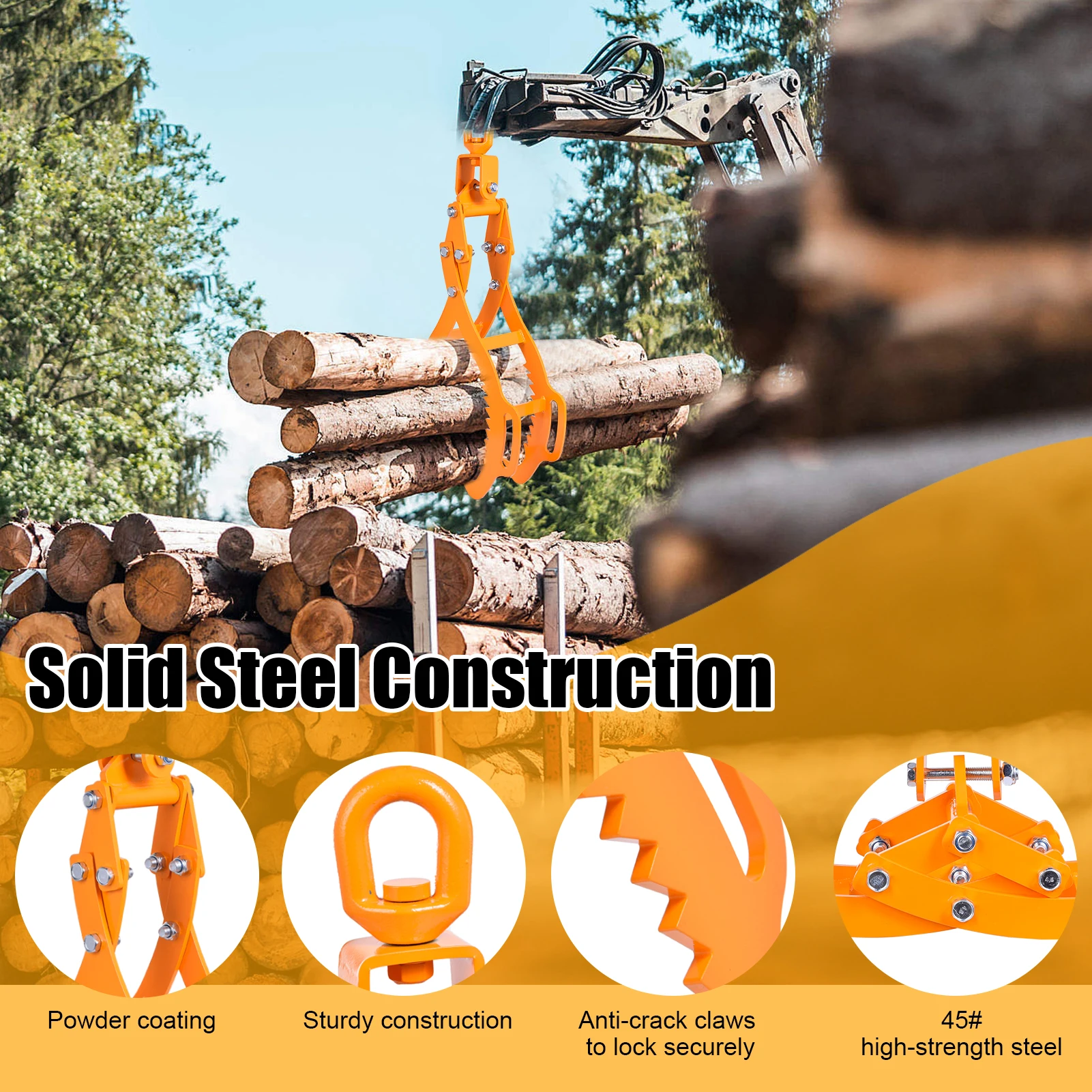 25-Zoll-Holzzange mit 4 Krallen, Hochleistungs-Holzhebezange, Holzgreifer aus Stahl mit rutschfestem gezahntem Griff, Holzgreifwerkzeug für Traktoren, ATVs, LKWs, Gabelstapler, Forstwirtschaft, Brennholz- und Holzhandhabung. – Detail 7