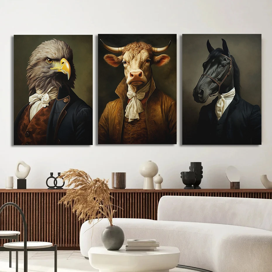 Vintage Zebra Cow Eagle Flamingo Elephant Owl Horse Portrait Renaissance Poster Print Leopard  Animal Canvas Painting Home Decor