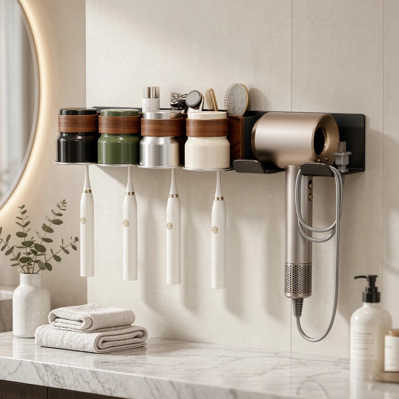 Aluminum Bathroom Organizer No Drill Hair Dryer Holder Toothbrush Cup Storage Wall Shelf Water Resistant for Home 욕실 정리 선반