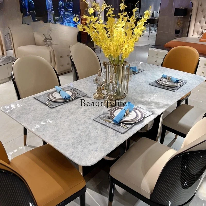 

yj9 Light Luxury Blue Crystal Dining Table Modern High Luxury Dining Table Italian Leather Lacquer Furniture Customization