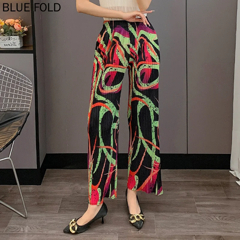 Miyake geplooide rechte broek 2025, groot formaat, losse geplooide nieuwe bedrukte elastische taille, casual broek, drukplooibroek