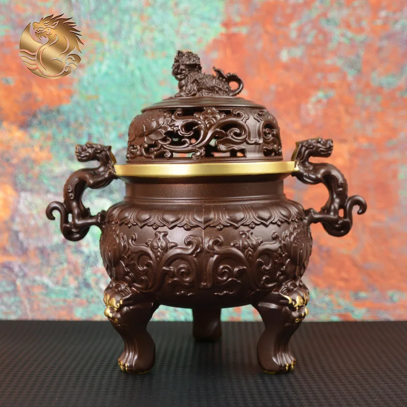 All-brass, three-legged incense burner with a vintage patina, suitable for burning agarwood and sandalwood incense, a Zen-style