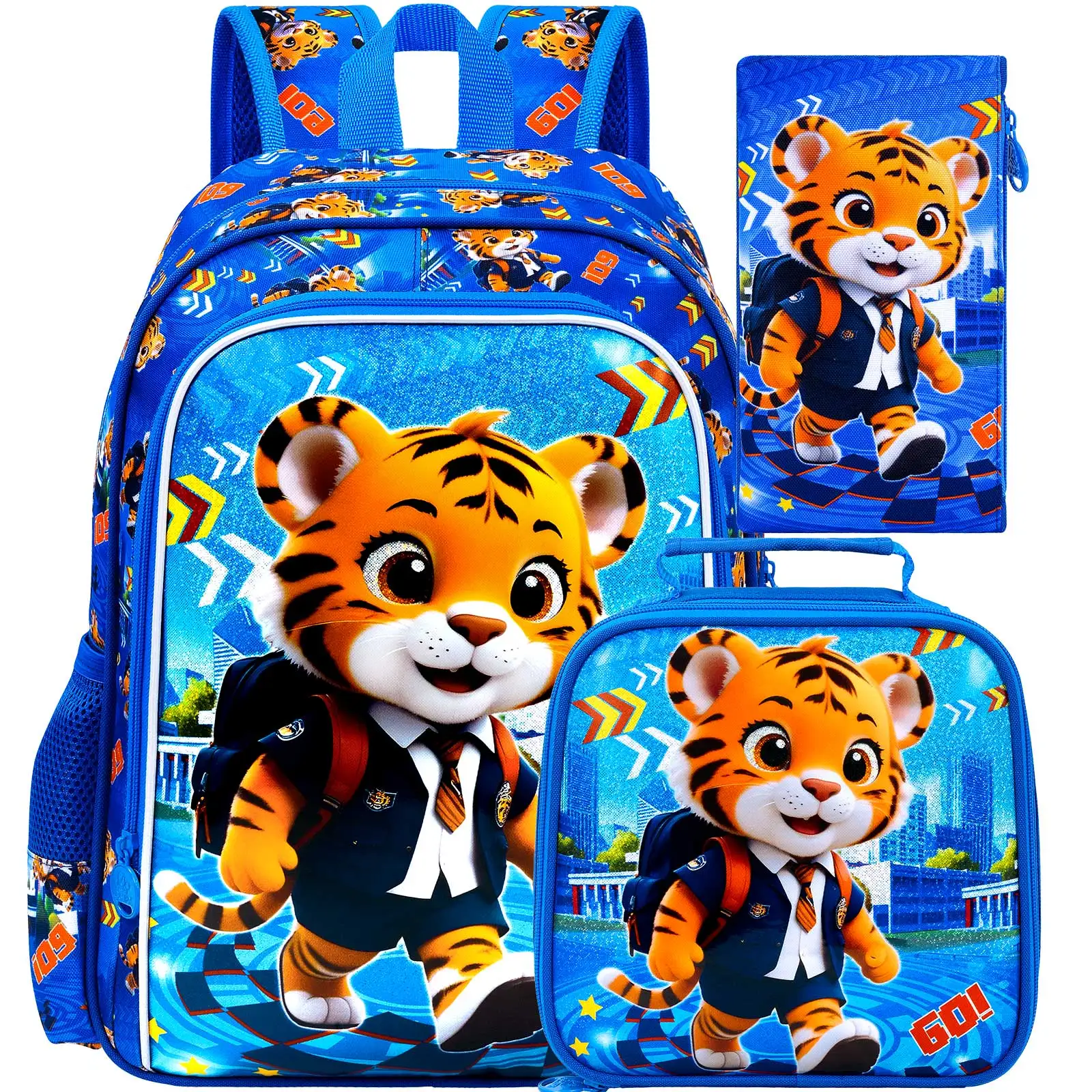 

3PCS Tiger Backpack for Boys, 16 Inch Kids Water Resistant Preschool Elementary Kindergarten Bookbags and Lunch Box