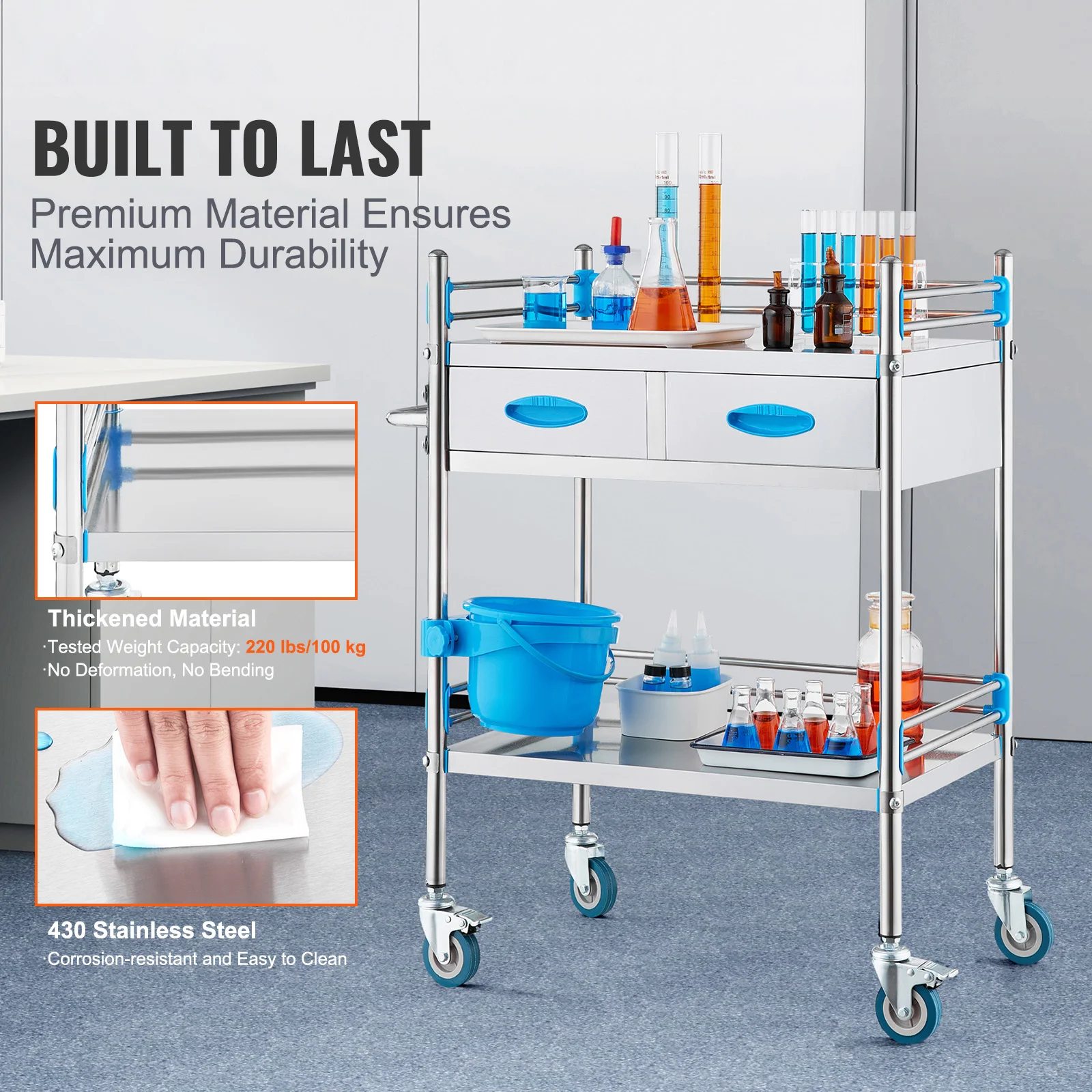 Service Cart, 2 Layers Stainless Steel Utility Rolling Cart, Medical Cart with Two Drawers, Dental Utility Cart with Lockable Wheels and A Bucket, Hospital, Dental Use, Ideal for Laboratory