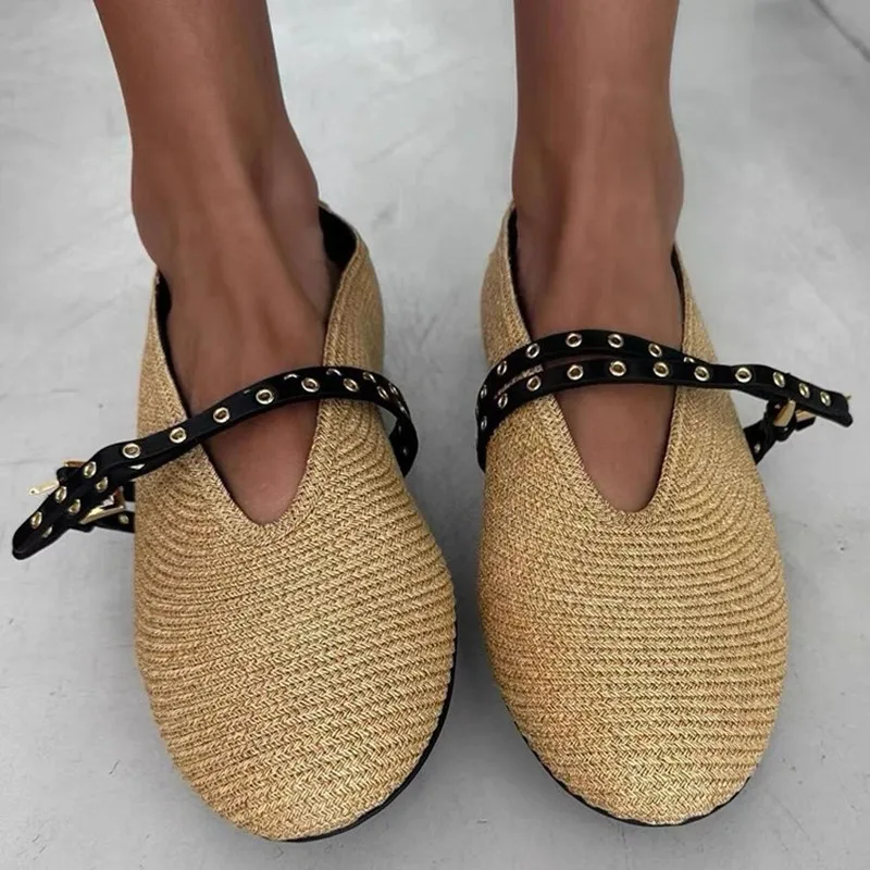 Concise Espadrille Shoes For Women Buckle Strap Round Toe Flat Shallow Female Shoes Designer New Brand Leisure Weave Ballet Shoe