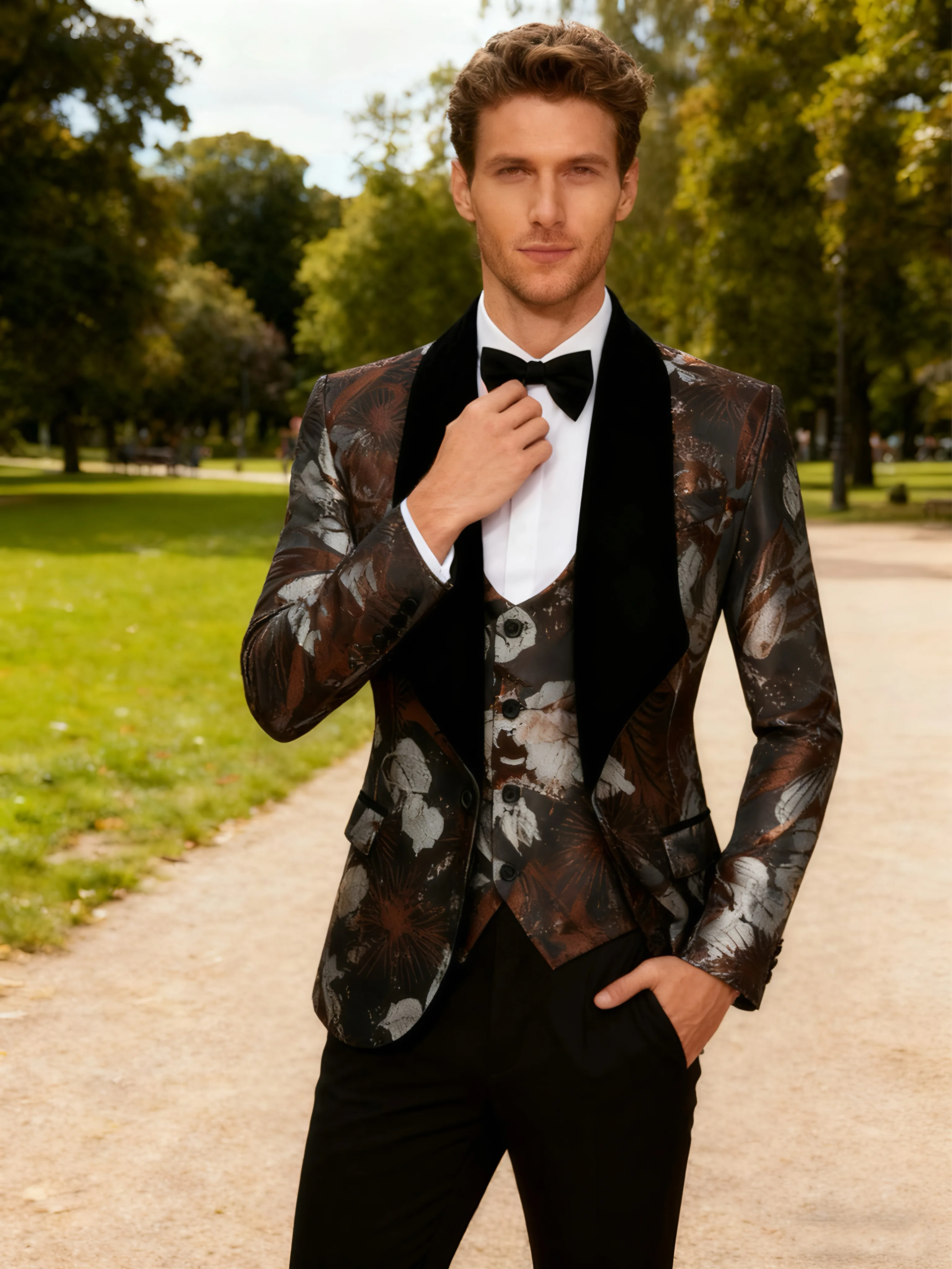 ชุดสูทผู้ชายทรงเข้ารูปสามชิ้น กระดุมเดี่ยว แบบทักซิโด้ เหมาะสำหรับงานแต่งงาน งานเต้นรำ และงานเลี้ยงอาหารค่ำ (เสื้อ+เสื้อกั๊ก+กางเกง)