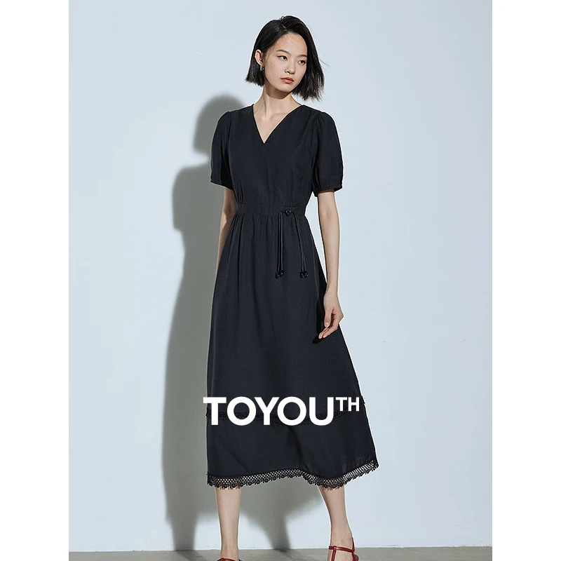 

TOYOUTH Women Dress 2024 Summer New Chinese Style High Waist Slim Fit V-neck Buff Sleeve Lace Spliced Elegant Black Party Dress