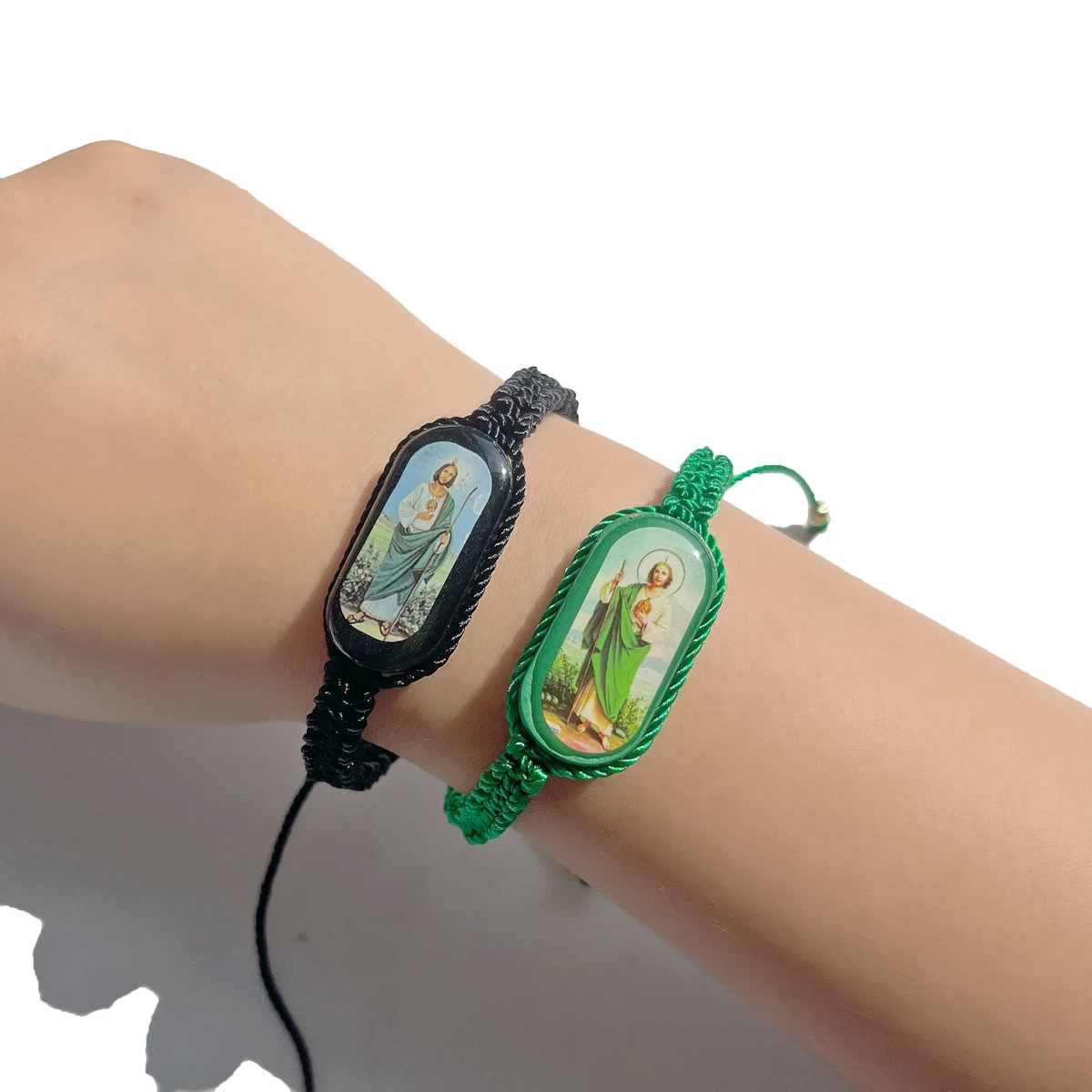 1 Piece/Set Of Oval Wooden Oil Dripping St. Jude Woven Bracelet With Green and Black Plates For Men and Women Prayer Bracelet