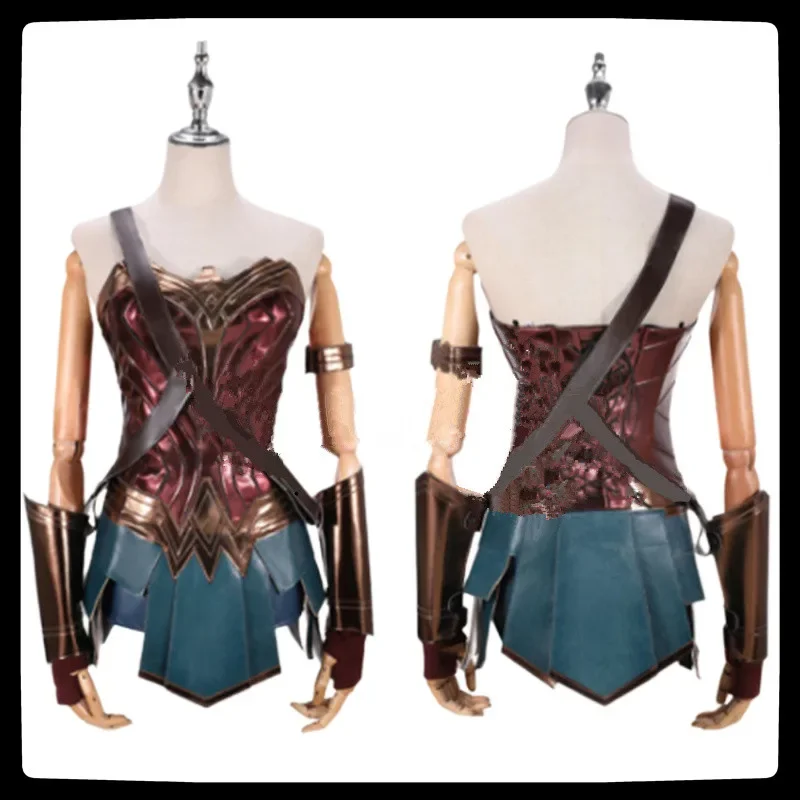2025 New Anime Wonder Cosplay Costume Cos Woman Dress Diana Adult Brown Top Faux Leather Corset Shorts +Girl Wig Accessories abc