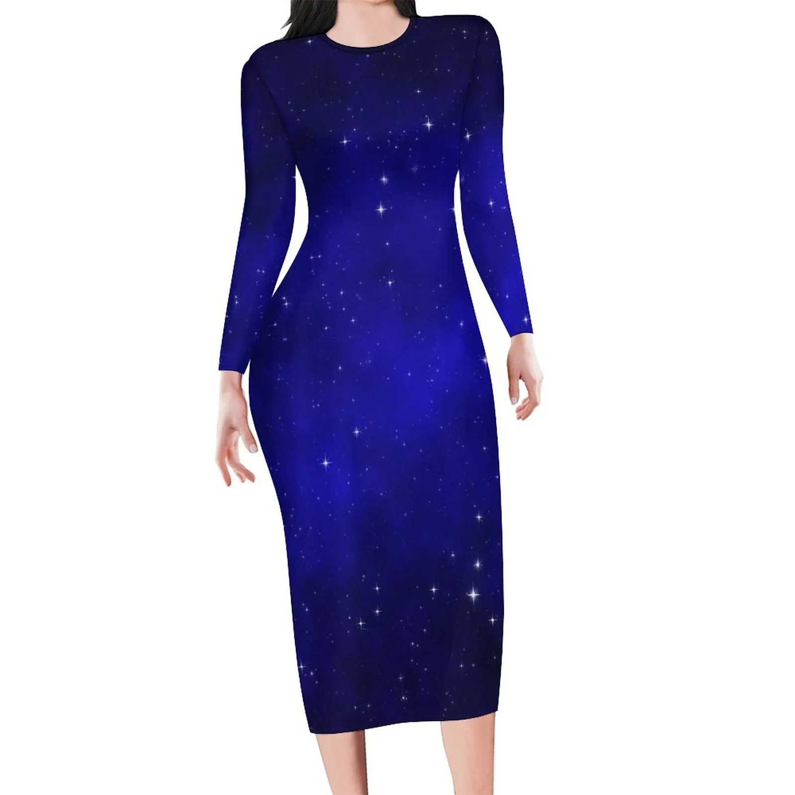 Galaxy Stars Dress Long Sleeve Blue Sky Print Vintage Dresses Holiday Womens Streetwear Graphic Bodycon Dress Big Size 4XL 5XL