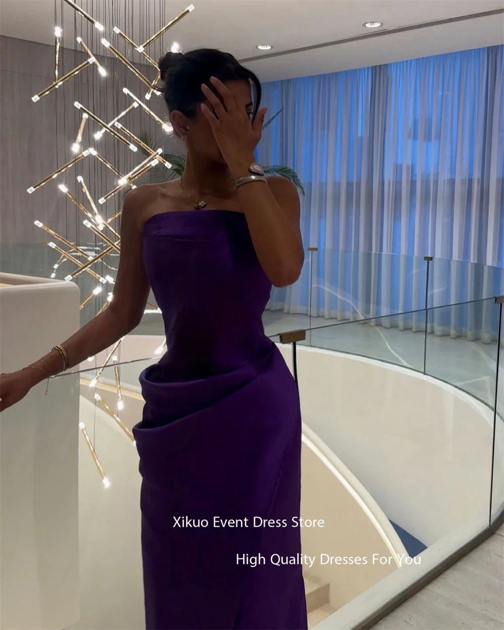 Xikuo Gaun Malam Putri Duyung Antik Arab Gaun Formal Tanpa Lengan Gaun Prom Pesta Panjang Selantai Satin Ungu Wanita Disesuaikan