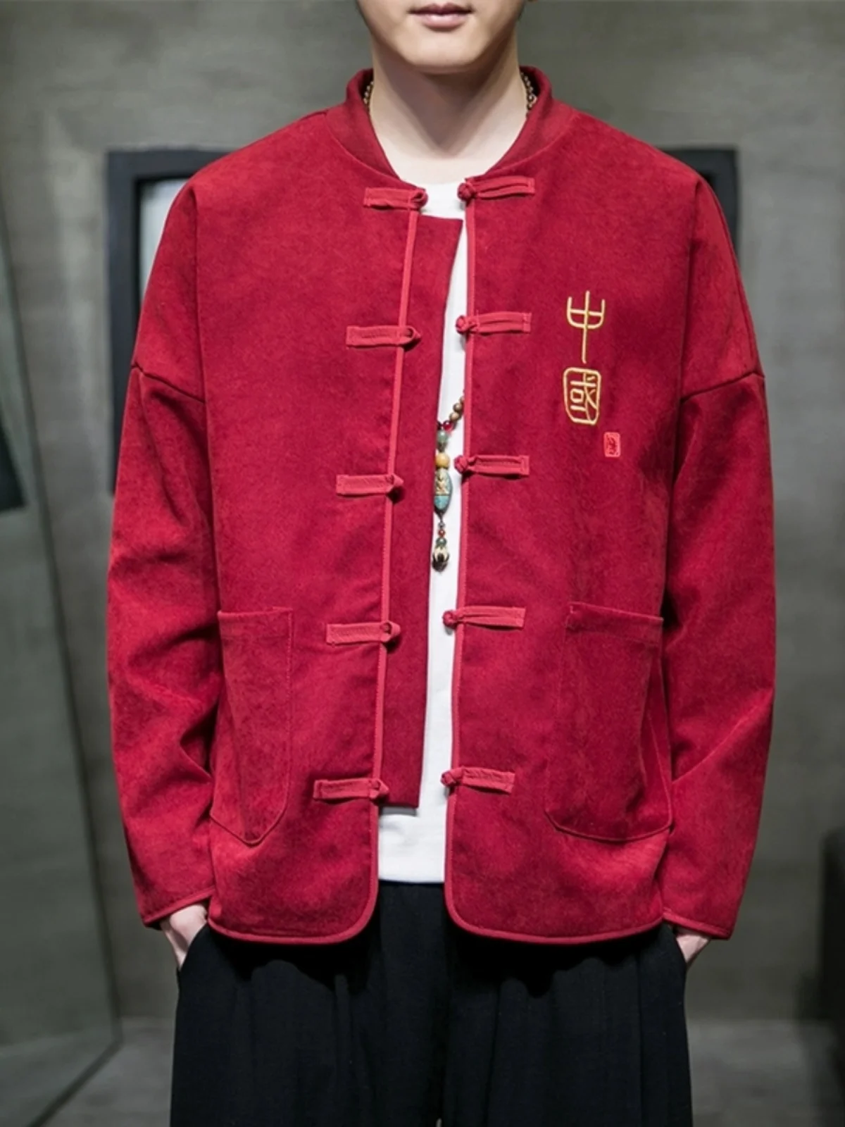 

Youthful Embroidered Jaet Men's Loose Fit Stand Collar Chinese Sle Spring Autumn Outerwear Trendy Brand Large Size Coat