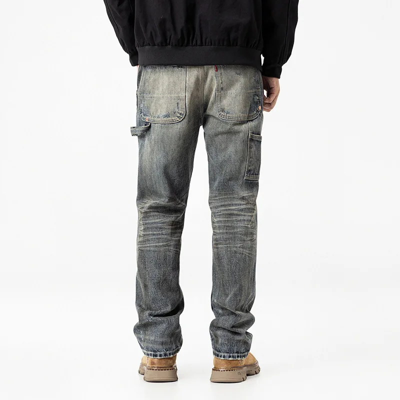 

Осень 2023, новые потертые джинсы с рваными дырками в стиле ретро, мужские свободные прямые брюки-трубы, модные уличные прямые брюки-трубы