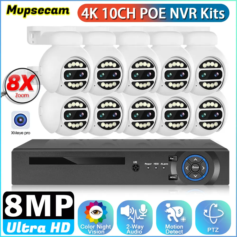 

4K 8MP POE NVR Kit 10CH Dual Lens POE IP Cameras Outdoor PTZ 8X Zoom 2-Way Audio Smart HD Video Surveillance CCTV System XMeye