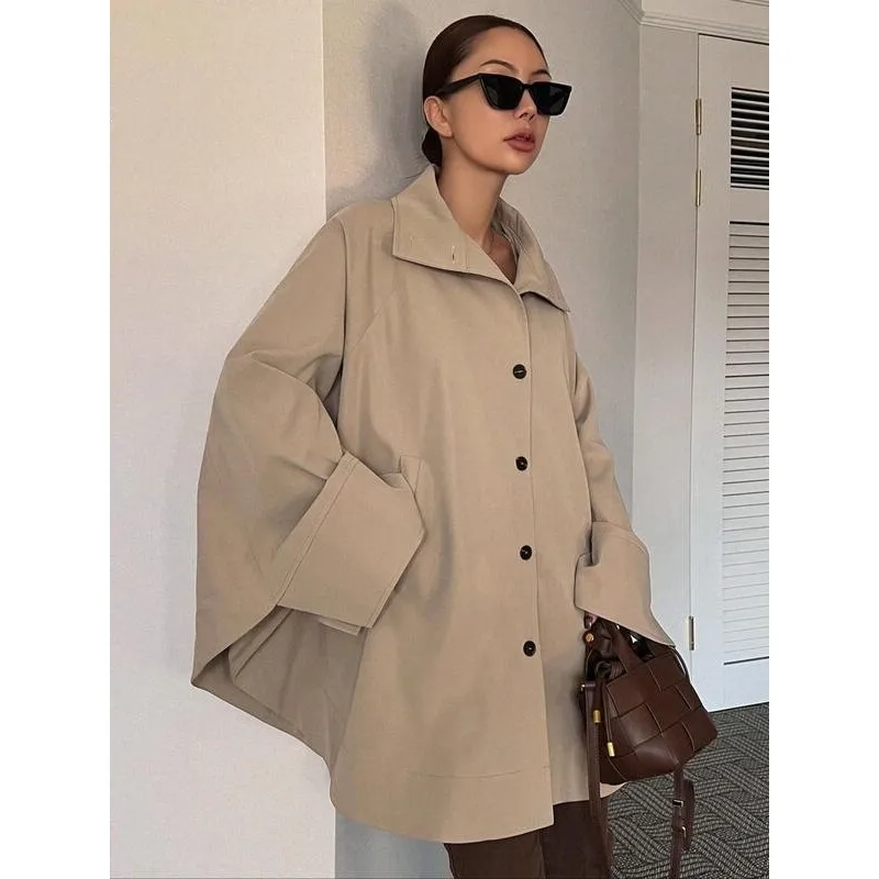 

Retro Zip Collar Trench Coat Women's Spring Fashion Outerwear Regular Length Other Material 100% Cross-Border Vintage Style