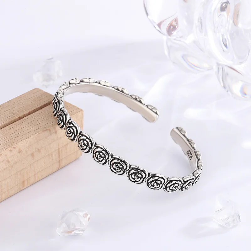 New Arrival Rose Female Temperament 925 Sterling Silver Bracelets  Creative Flower Personality Opening Bangles TYB161