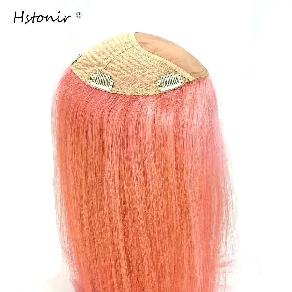 Hstonir Pink Human Hair Toupee For Women Clip In Silk Top European Remy Hair Extensions Hair Pieces Magic Hair Topper TP26