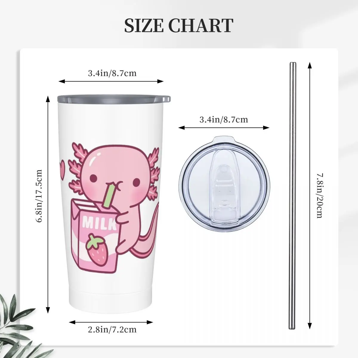 Cute Axolotl Loves Strawberry Milk Doodle Stainless Steel Tumbler Vacuum Insulated Mugs Thermal Cold Bottle Straws With Lid 20oz