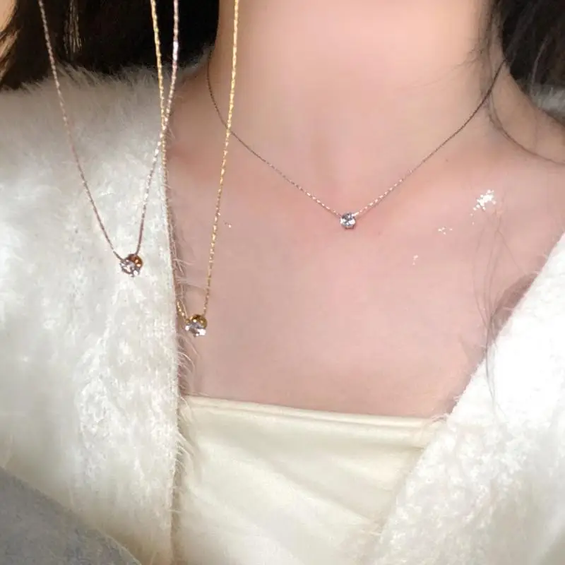 1Pcs Solitaire Zircon Charm Necklace Alloy Chain Round Clear Cz Stone Jewelry for Birthday Gift