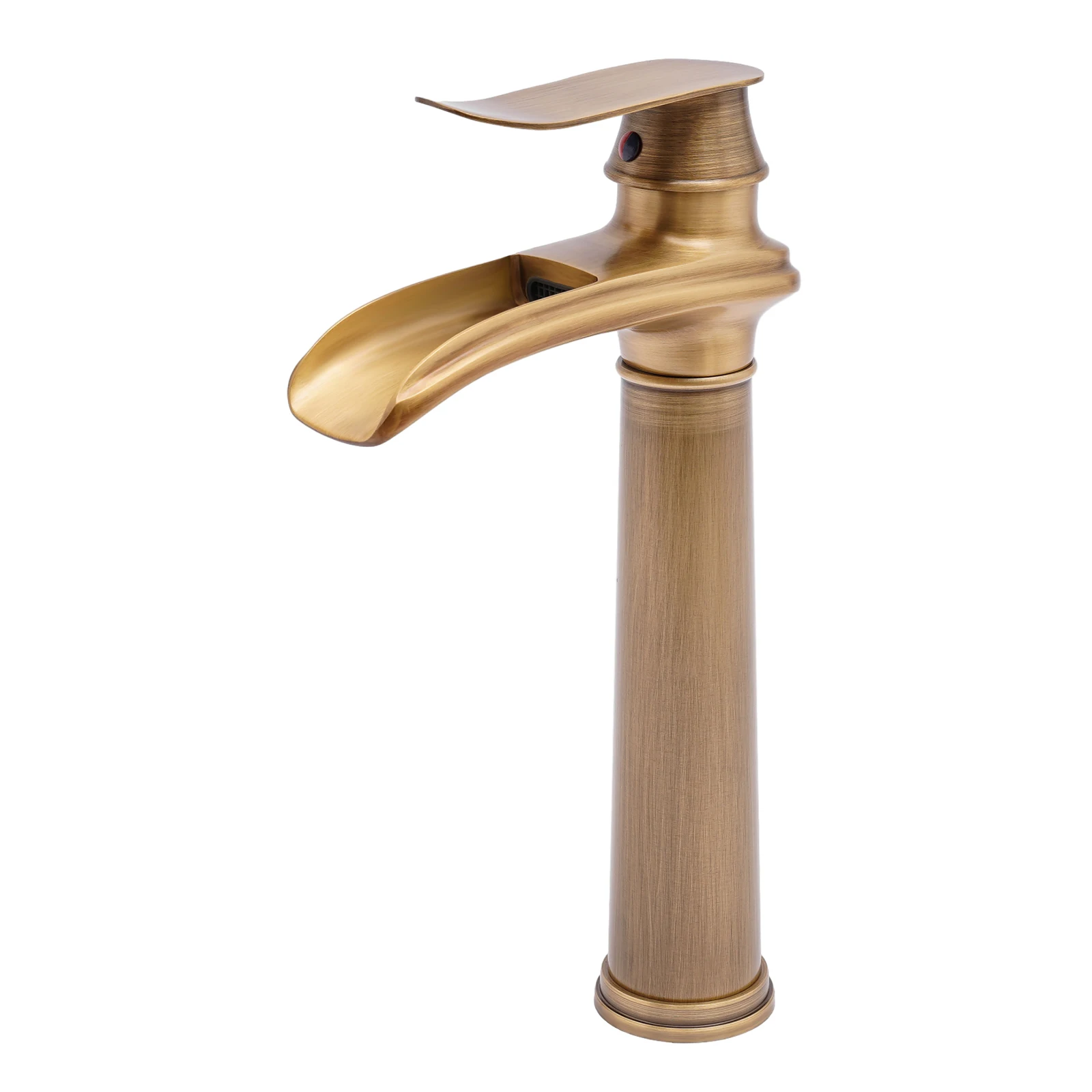 Rubinetto da bagno a cascata in ottone vintage alto Rubinetto per lavabo monocomando con montaggio su piano per lavabo Finitura moderna in rame antico