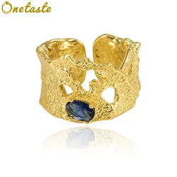 925 Sterling Silver Blue Cubic Zirconia Hammered Texture Open Adjustable Rings Women Trendy Hollow Chunky Statement Ring Gift