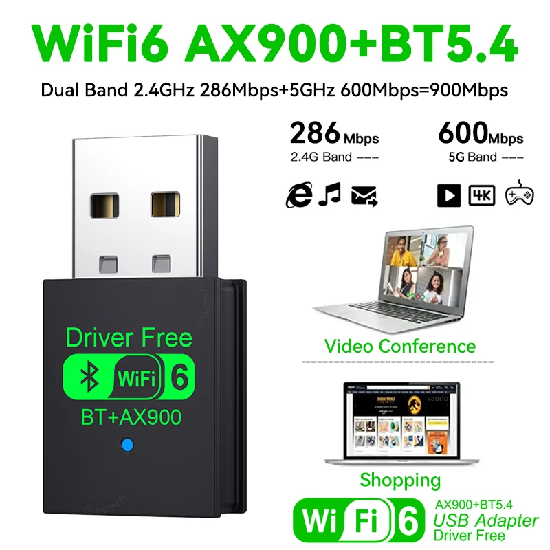 محول لاسلكي 2 في 1 WIFI6 AX900 USB WiFi Bluetooth 5.4 ثنائي النطاق 2.4G+5GHz 802.11AX 900Mbps WiFi 6 بطاقة شبكة عالية السرعة دونجل لجهاز كمبيوتر محمول يعمل بنظامي التشغيل Windows 10/11 بدون برنامج تشغيل