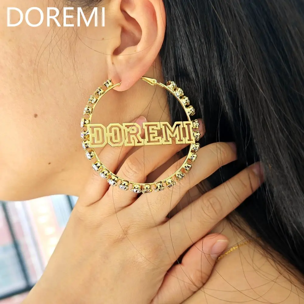 

DOREMI Women Elegant Personalized Jewelry Gift Colorful Zircon Shiny Crystal Stone Hollow Custom Name Earring Hoop