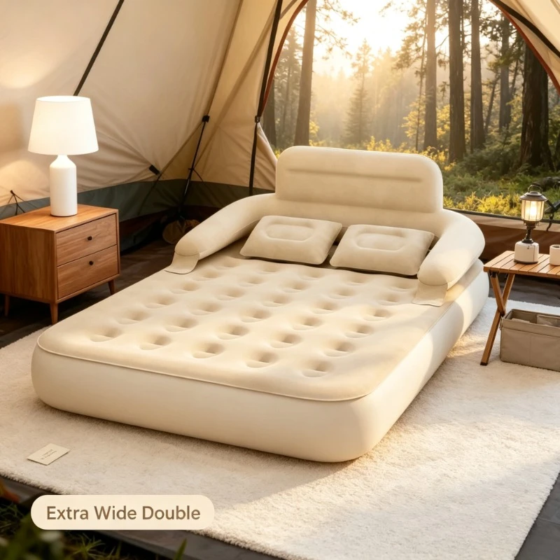 Aufblasbares Campingbett mit Rückenlehne und Doppelkissen, vielseitig einsetzbar für Wohnmobile, B&B-Zimmer, schnelle Aufblasung, arbeitssparend, für den Außenbereich.