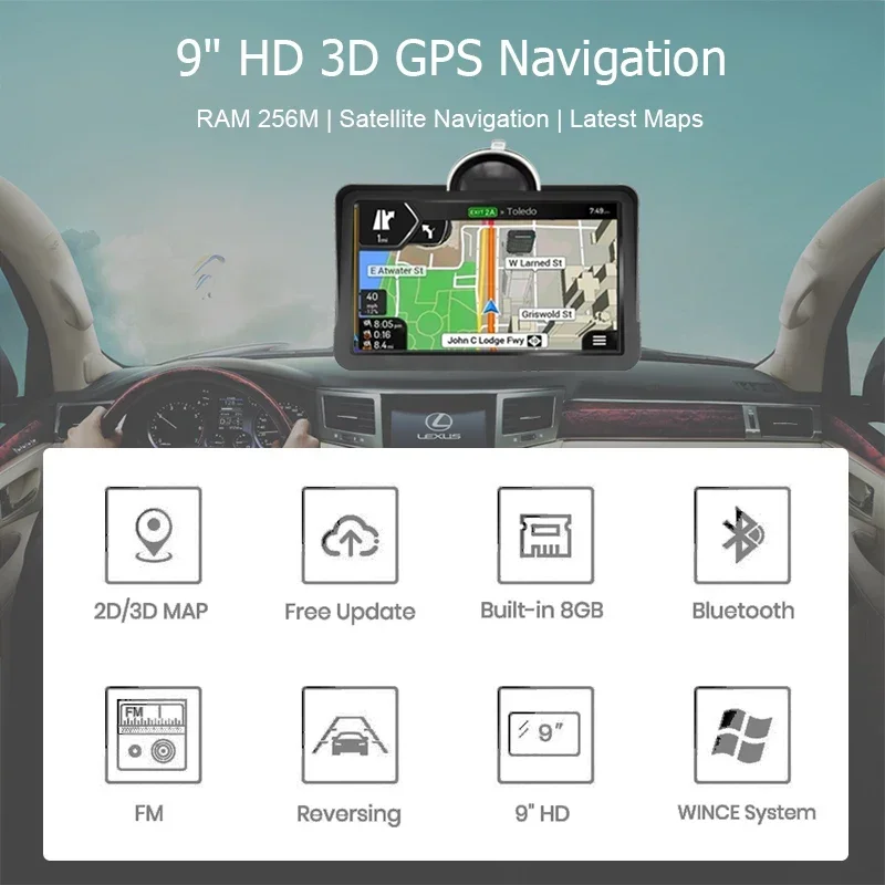9 Inch Big Screen Car Truck GPS Navigation wince 6.0 256M 8GB BT AVIN Hands-free FM Transmitter Automotive tool