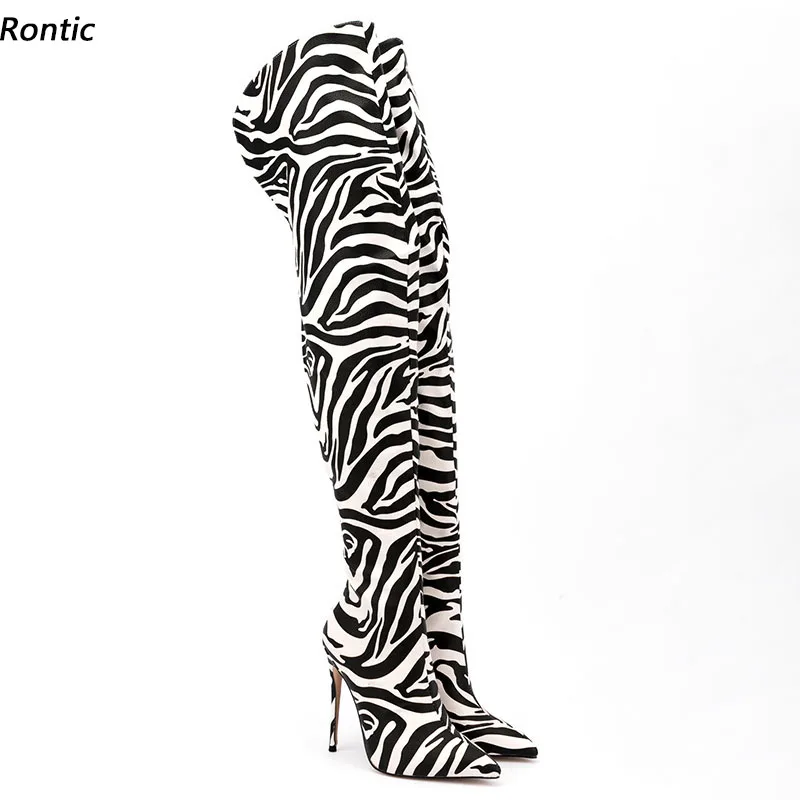 Rontic, recién llegado, botas por encima de la rodilla para mujer, tacones de aguja con cremallera a rayas, punta estrecha, zapatos de fiesta blancos y negros, talla estadounidense 5-15