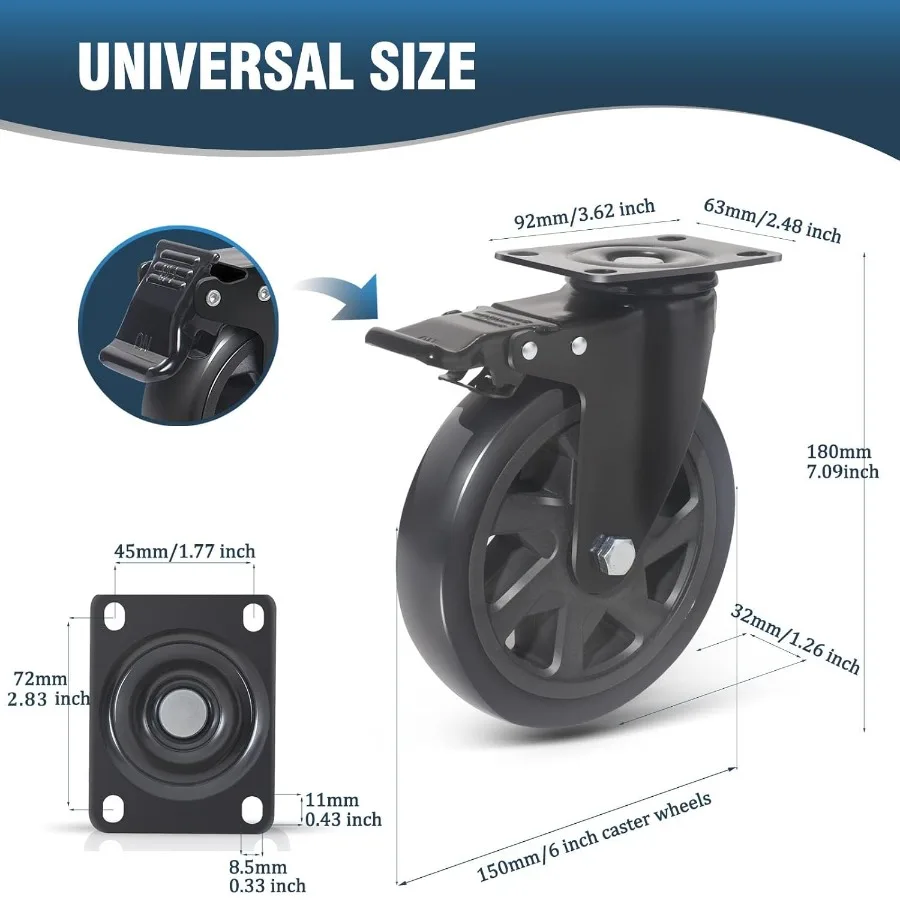 6 Inch Caster Wheels 3000lbsHeavy Duty Casters Set of 4 with Brake No Noise Polyurethane Swivel Caster Wheels for Cart Furnitur