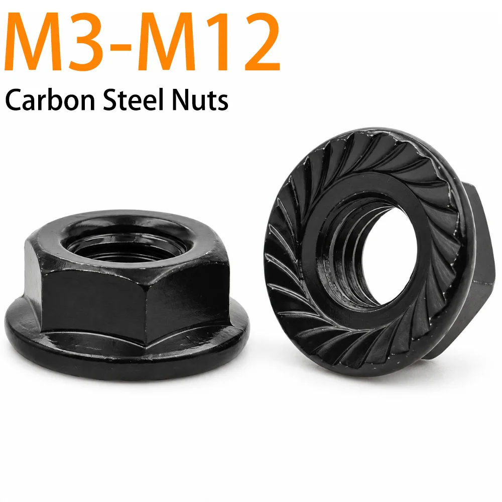 Black Carbon Steel Serrated Flange Lock Nut Hexagon Anti Slip Locking Nuts M3 M4 M5 M6 M8 M10 M12