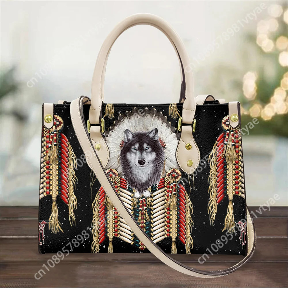 

Black Shoulder Bags and Purses for Ladies Amercian Tribal Wolf Printing Luxury Pu Leather Handbags Teenager Casual Messenger Bag