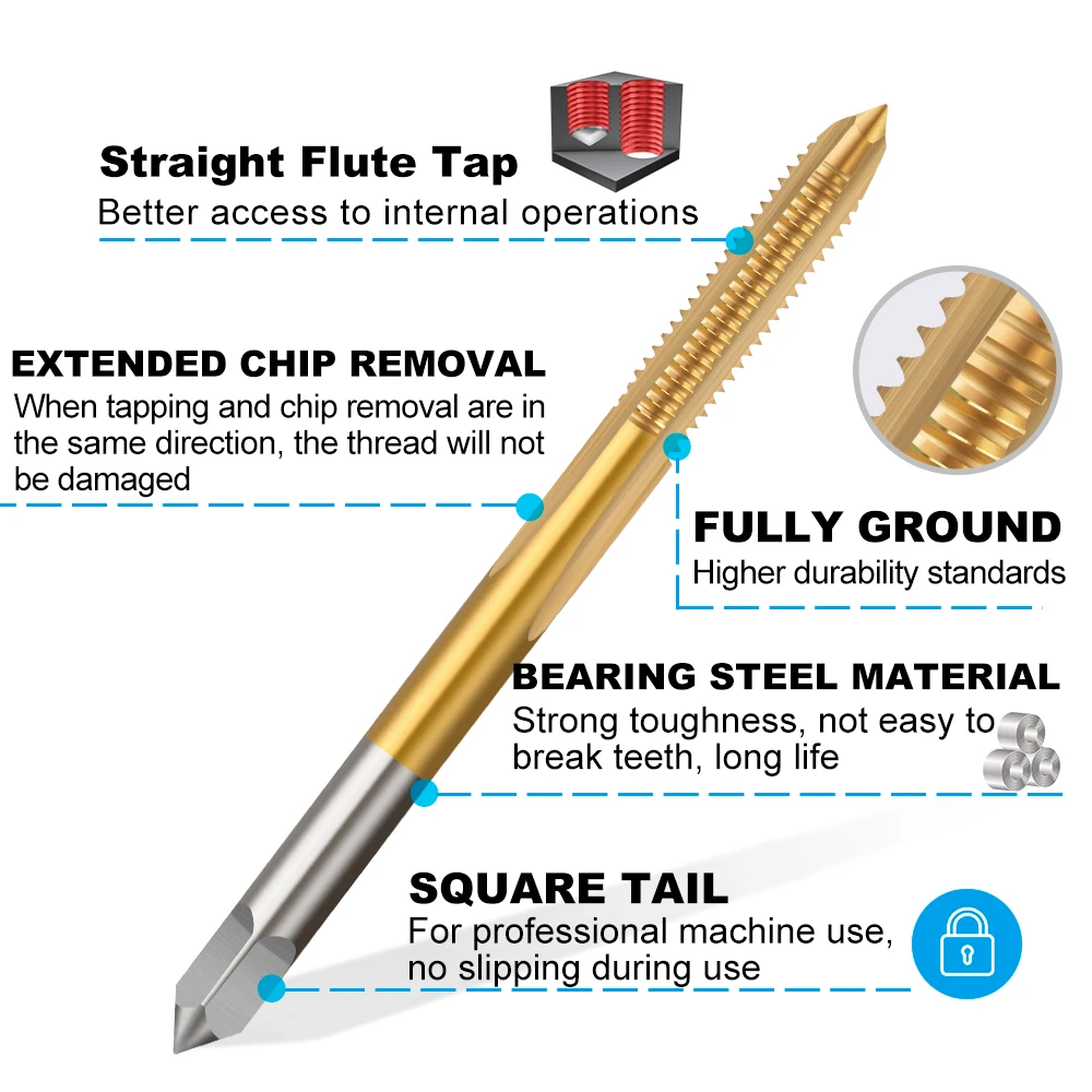 6Pcs HSS Machine Thread Taps 6542 Titanium Coated Straight Flute Metric Screw Taps M2 M2.5 M3 M4 M5 M6