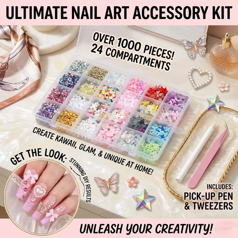 

24-Cell Resin Nail Art Kit Flower Butterfly Heart Pearl Charms DIY Nail Decoration Accessories Storage Case for Manicure