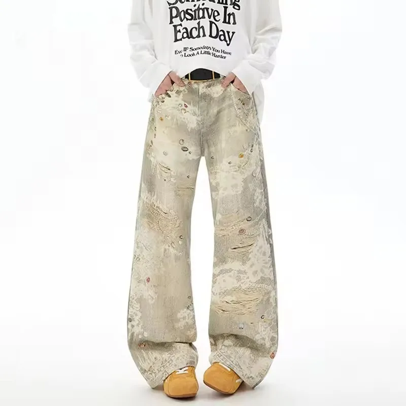 High Street Men's Denim Jeans Pants Digital Printing Contrast Color Casual Trousers Straight Leg Loose Male Jeans Trendy