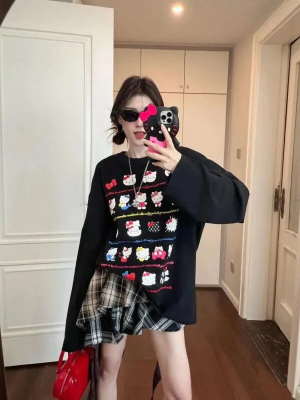 سانريو جديد الحلو الكرتون هوديي مرحبا كيتي هوديي فضفاضة طويلة الأكمام الياقة المستديرة فتاة الطباعة الربيع والخريف نمط هوديي